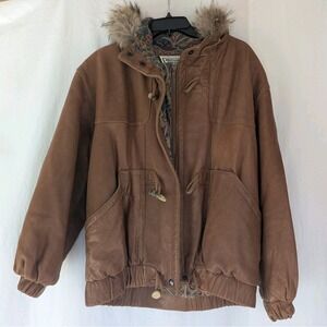 Vtg J. Percy For Marvin Richards Leather Coat Parka Women's Sz S Fur Hood Brown